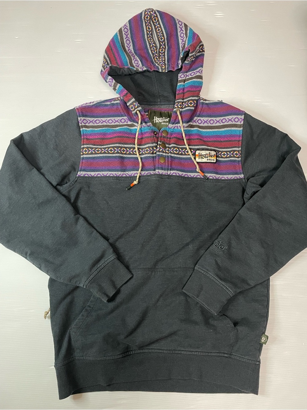 Howler Brothers Shaman Hoodie Dark Grey Southwestern Woven Yoke & Hood Men’s SM